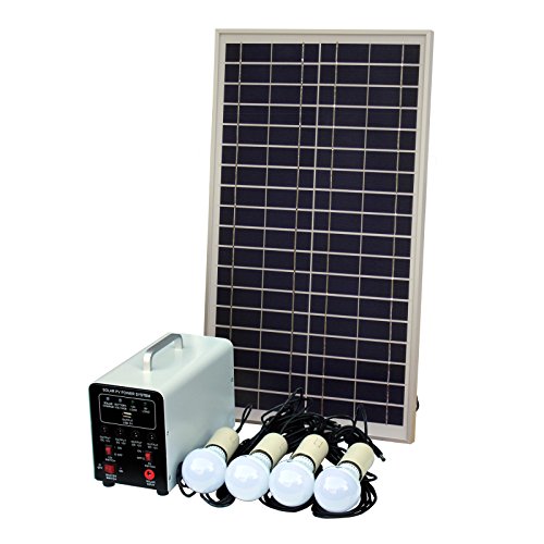 Sistema de iluminación solar (de 25 W con 4 luces LED de 5 W, panel solar, batería y cables, kit completo de iluminación solar para cobertizo, garaje, exterior, establos, barniz, vehículo o barco)