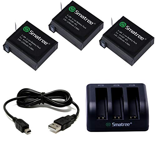 Smatree Batería de Repuesto de 1290 mAh (Paquete de 3), Cargador de 3 Canales con Cable USB Compatible con la cámara Gopro Hero 4