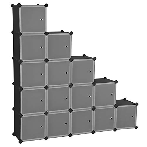 SONGMICS Estantería Modular, Armario Modular de 16 Cubos, Estantería de Plástico con Puertas, para Zapatillas, Ropa, Juguetes, Libros, Fácil de Montar, Negro LPC44HS