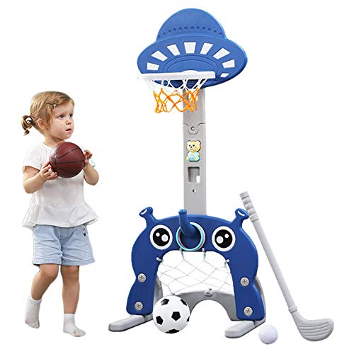 Soporte de Baloncesto para Niños Centro de Actividades Deportivas 5 en 1 Puntaje Fácil Puntaje de Baloncesto Ajustable GOL de Fútbol Juego de Golf Ring Toss Niños Bebé Bebé Niño (Azul Oscuro)