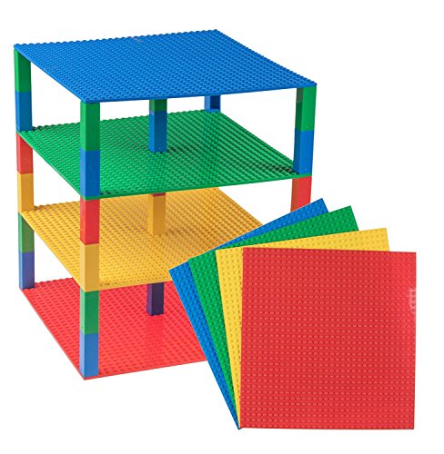 Strictly Briks Pack de 4 Bases apilables con Ladrillos separadores 2 x 2 - Construcción en Forma de Torre - Compatible con Todas Las Marcas - 25,4 x 25,4 cm - Rojo, Amarillo, Verde, Azul