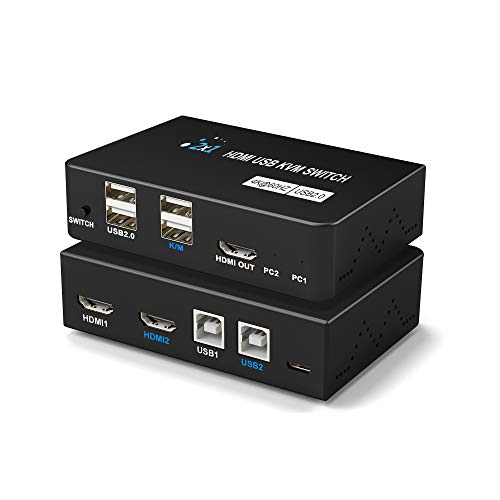 Switch KVM 4K, Conmutador KVM USB HDMI 2 en 1 para 1 juego de Teclado, Mouse, Monitor, Control de Impresora 2 PC, Soporte 4K @60Hz para Laptop, PC, PS4, XBox HDTV, con 2 línea USB, 1 Controlador