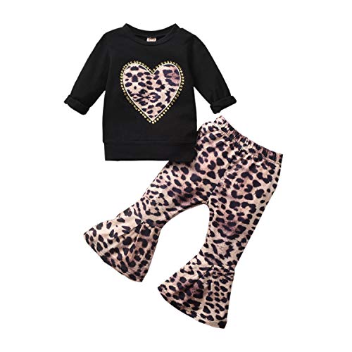 T TALENTBABY - Conjunto de ropa para bebé y niña, 2 piezas, con diseño de corazón, camiseta y pantalón con estampado de leopardo Leopardo negro. 80 cm(3-6 meses)
