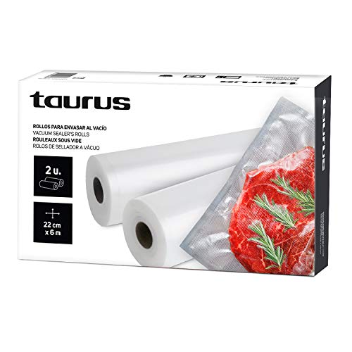 Taurus 999258000 - Pack de Rollos para envasadora al vacío, 2 rollos de 22 cm x 6 metros, para la conservación de alimentos, se adapta a la medida