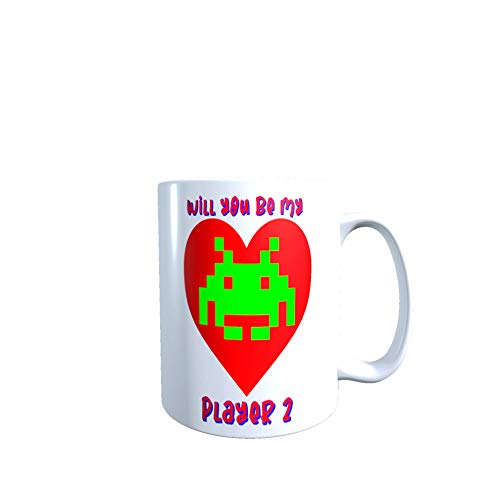 Taza de cerámica con texto en inglés "Will You Be My Player 2" de Valentine/Anniversary Space Invaders 'Will You Be My Player 2' de 325 ml