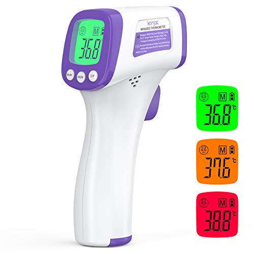 Termometro infrarrojos, konjac termometro digital frente, termometro infrarrojos sin contacto, termometro laser para bebés y adultos. Adecuado para oficinas y hogares, con alarma de fiebre.