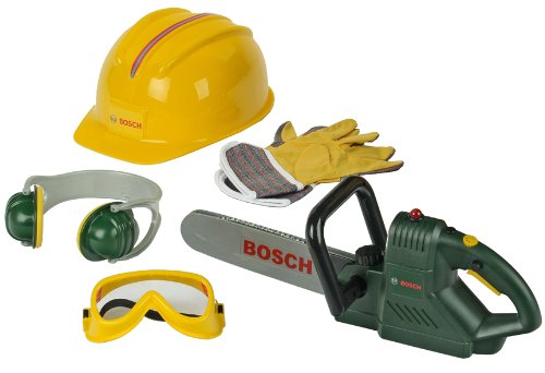 Theo Klein 8525 Sierra de cadena Bosch con accesorios, Con sonido de sierra y luz intermitente a pilas, Incluye guantes de trabajo, gafas de seguridad y mucho más, Medidas: 40 cm x 11 cm x 13 cm,