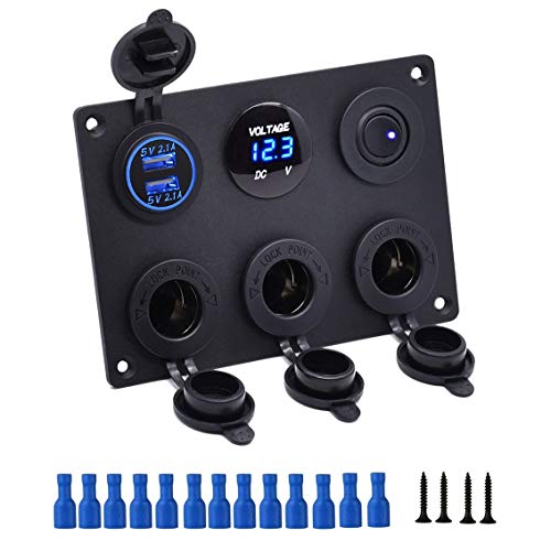 Thlevel Panel Multifuncional del Enchufe del Cargador del Coche con Cargador Dual de Toma USB, Encendedor de Cigarrillos, Voltímetro LED, Panel para Interruptores, para Marina, Barco, Coche, Camión