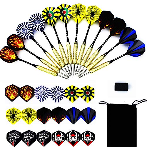 Tikea 12 Dardos 18 g para Diana Electrónica con Barriles de Acero y Punta Metálica, 30 Aletas en 8 Dibujos, una Piedra de Afilar y una Bolsa de Terciopelo