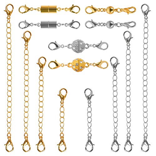 TIMESETL extensor de cadena 14 piezas collar pulsera extensor conjunto diferente longitud: 1.2" 2" 2" 3" 4" (7 oro, 7 plata) cierres de langosta y cierres para collar, pulsera, suministros para fabric