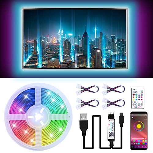 Tiras LED TV 3M, 5050 RGB Luces de LED, Bluetooth LED Tiras, Luces Tiras Kit con Control Remoto, Control APP, USB Adaptador, Multicolor, Impermeable, Tiras LED TV 5V 1-1.5A para 40-60in HDTV/PC