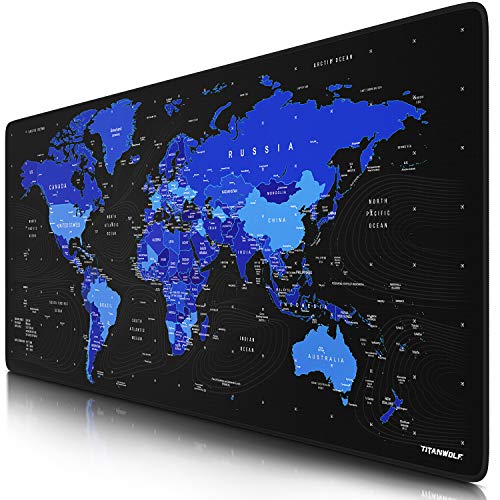 Titanwolf – Alfombrilla gaming para ratón 900 x 400 – mouse pad - precisión y velocidad - parte inferior de goma para una sujeción estable - antideslizante, resistente al agua – Motivo Mapamundi Azul