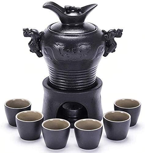 Tradición oriental Conjunto de sake de 8 piezas, copa de vino de diseño de dragón negro con olla de calentamiento y estufa de velas, textura pintoresca mejor regalo para la familia y amigos para el re