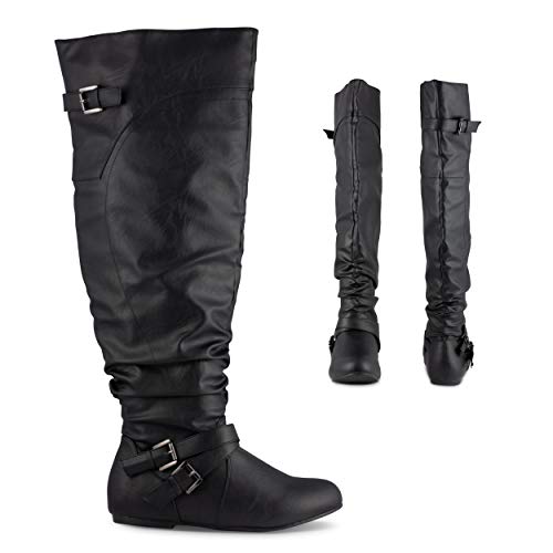 Twisted Shelly - Botas de pantorrilla ancha y ancha hasta la rodilla para mujer, micro gamuza y zapatos de cuero, negro (Negro), 39 EU Twisted Shelly - Botas de pantorrilla ancha y ancha hasta la rodilla para mujer, micro gamuza y zapatos de cuero, negro (Negro), 39 EU