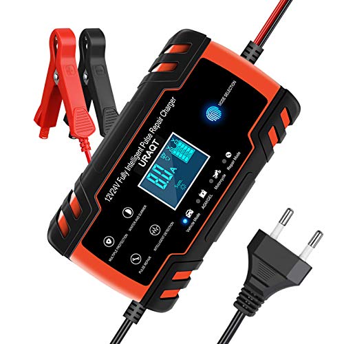 URAQT Cargador Baterias Coches, 8A 12V/24V Mantenimiento Automático e Inteligente Múltiples Protecciones LCD y Botón de la Pantalla Táctil para Automóvile, Motocicleta, ATVs, RVs, Powersports, Barco URAQT Cargador Baterias Coches, 8A 12V/24V Mantenimiento Automático e Inteligente Múltiples Protecciones LCD y Botón de la Pantalla Táctil para Automóvile, Motocicleta, ATVs, RVs, Powersports, Barco