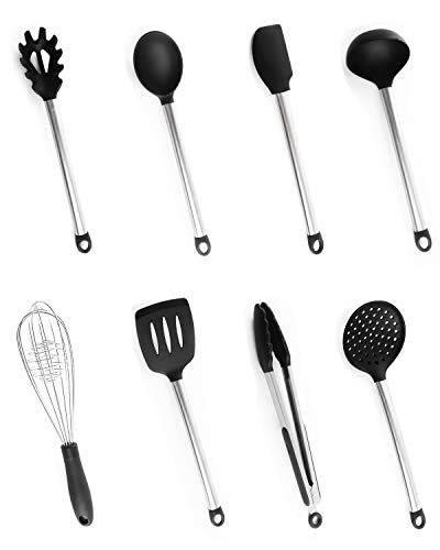 Utensilios Cocina Silicona, Bi-Komfort 8 Pcs Cocina Accesorios; Incluyen Pinzas Cocina, Tenedor Pasta, Batidor, Turner Ranurado, Cuchara para Servir, Cucharón Sopa, Colador y Espátula Flexible Utensilios Cocina Silicona, Bi-Komfort 8 Pcs Cocina Accesorios; Incluyen Pinzas Cocina, Tenedor Pasta, Batidor, Turner Ranurado, Cuchara para Servir, Cucharón Sopa, Colador y Espátula Flexible