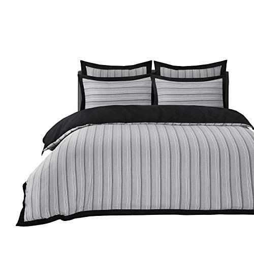 Valleta juego de funda de edredón y funda de almohada 100% algodón de lujo de color gris con rayas, reversible., negro/gris, Single Duvet Cover Set