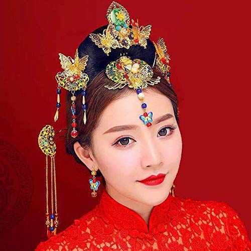 Vestido Antiguo De La Novia China Tiara Tiara Pelo Rojo Oro Dragón Fénix Espectáculo Vestido Cheongsam Joyería De Boda