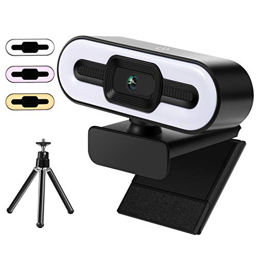 Webcam 2K HD con luz de anillo y micrófono, conexión USB Plug & Play para PC, cámara web con 3 tipos de brillo ajustable y clip giratorio flexible para streaming, videollamadas y conferencias