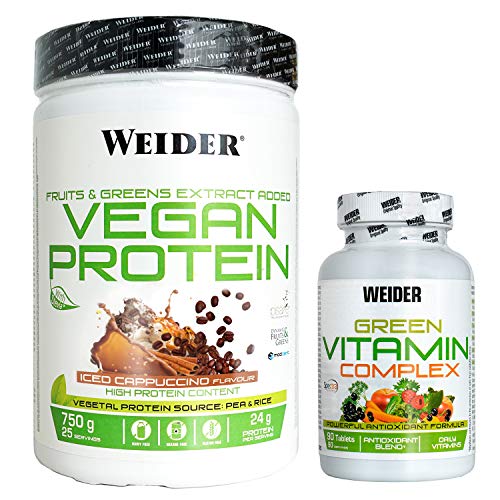 Weider Protein vegan capuccino 750 g + green vitamin complex, Pack vegano de proteina y multivitamico, Ideal para tu salud a un precio inmejorable,