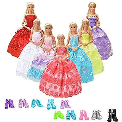 WENTS Ropa y Zapatos para Muñeca Barbie 7 Piezas Moda Vestido de Novia Grande y 10 Pares de Zapatos para Regalo Niña
