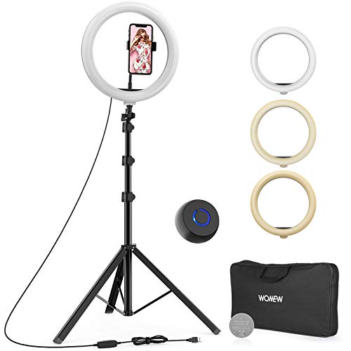 WONEW Luz de Anillo LED, 12” Aro de Luz con Trípode 49-167.5cm, 3 Colores 10 Brillos Regulables, Bluetooth Control Remoto, con Soporte Giratorio de Teléfono, para Youtube/ Selfie/ Maquillaje/ TIK Tok