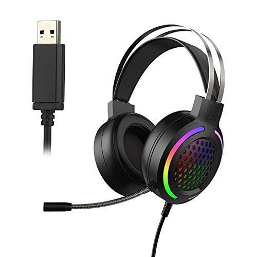 YAJIWU Auriculares estéreo USB para juegos, ligeros 7.1 canales estéreo sobre la oreja auriculares E-Sports con micrófono ajustable para PC de escritorio, color negro