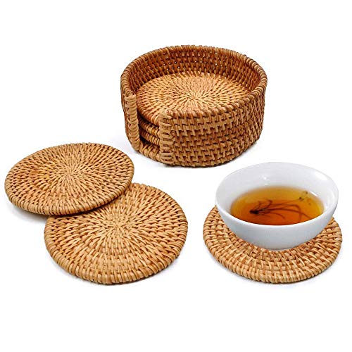 YGHH 6 Piezas Posavasos Tejido, Taza Té Alfombrillas, Posavasos de Ratán, Hecho a Mano Sin Deslizamiento Redondo Posavasos Ratán con Una Cesta de Almacenamiento para Mesa, Posavasos, Teteras YGHH 6 Piezas Posavasos Tejido, Taza Té Alfombrillas, Posavasos de Ratán, Hecho a Mano Sin Deslizamiento Redondo Posavasos Ratán con Una Cesta de Almacenamiento para Mesa, Posavasos, Teteras