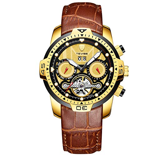 YiLuFanHua Reloj automático mecánico para Hombres Moda Multifuncional a Prueba de Agua Reloj de Negocios con Caja de Regalo,Full Gold Leather