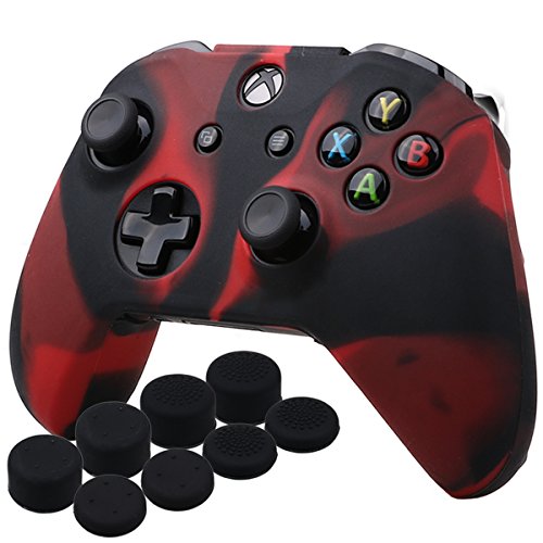 YoRHa silicona caso piel Fundas protectores cubierta para Microsoft Xbox One X y Xbox One S Mando x 1 (negro rojo) Con Pro los puños pulgar thumb grips x 8