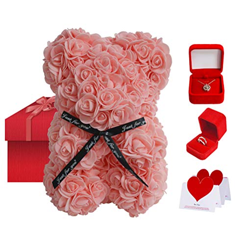 Yuanqu Rose Bear - Rose Flower Bear Anillo de Plata esterlina Collar Kit de Caja de Regalo Juego de Caja Moda para Boda San Valentín
