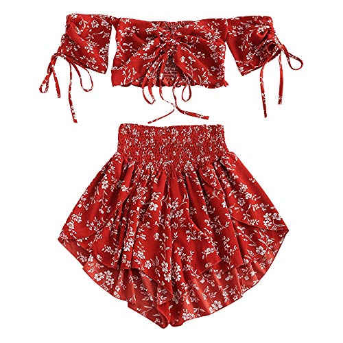 ZAFUL - Conjunto de pantalón corto y pantalón corto para mujer (espalda descubierta, con cordón, 2 piezas, espalda descubierta, con cierre de cordón, parte superior corta y pantalón corto) rojo S ZAFUL - Conjunto de pantalón corto y pantalón corto para mujer (espalda descubierta, con cordón, 2 piezas, espalda descubierta, con cierre de cordón, parte superior corta y pantalón corto) rojo S