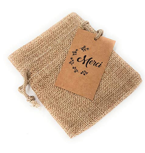 10 Pequeños sacos de yute 10x8 cms con etiqueta MERCI (en francés) 10 Pequeños sacos de yute 10x8 cms con etiqueta MERCI (en francés)