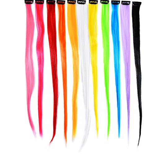 11 Piezas de Extensiones de Pelo de Colores Destacados Piezas de Pelo Recto de Fiesta con Clip Kit de Extensión de Cabello de Colores Neon, 11 Colores