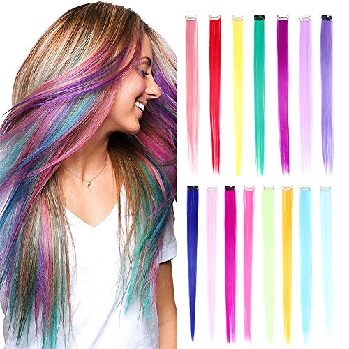 15 piezas Clip de extensiones de cabello liso de 20 pulgadas de color arco iris Clip sintético multicolor en extensiones de cabello Aspectos destacados del partido Largo postizo Niñas Niños