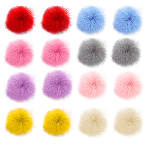 16 bolas de pompones de piel sintética, bola de pompones esponjosos de piel sintética de color con lazo elástico, pompones de piel para sombreros, bufandas, guantes, zapatos, bolsas, llaveros
