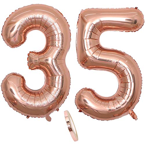 2 Globos Número 35 Años, Number 35 Globo Chica de oro rosa, 40"Figuras de globos con globo de lámina de helio inflable, Globo gigante para la decoración de la fiesta de cumpleaños, Prom (xxxl 100cm)