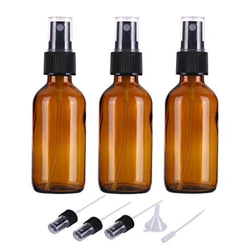 3 x Botellas de Spray de Vidrio ámbar vacías de 60 ml para aceites Esenciales, Botellas de Spray de Niebla Fina de Viaje Recargables pequeñas, limpiadores caseros y dispensador de Niebla Fina (A)