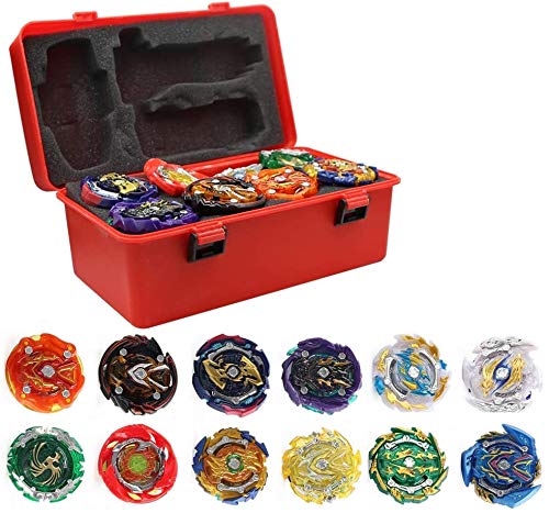 3T6B 12 Piezas Peonzas Juguetes Conjunto con Estuche Portátil, Gyro Spinner con 2 Burst Turbo Launcher Set, con Pocket Box, Regalo Mejor para los Niños (Rojo)