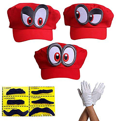 3X Super Mario Gorra Odyssey - Conjunto de 3X Guantes y 6X Barba pegajosa Costume para Adultos y niños Carnaval y el Cosplay