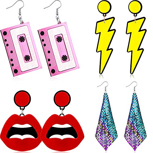 4 Pares de Pendientes Retro de los Años 80 Pendientes de Neón 1980s Pendientes de Disfraces de 80s Pendientes Exagerados para Mujeres Niñas (Estilo Tradicional)