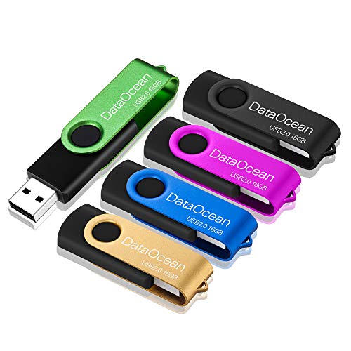 5 Piezas PenDrives 16GB DataOcean Memorias USB 2.0 Giratoria Pen Drive 16 GB Unidad Flash(5 Colores Mezclados: Negro Rosa Verde Amarillo Azul)