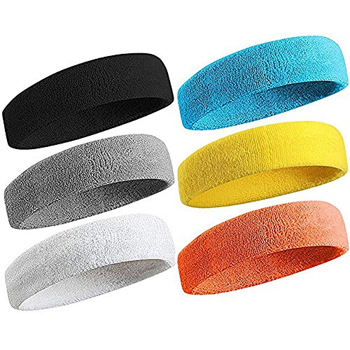 (6Pcs Headband) - Sweatband Sports Headband for Men & Women Moisture Wicking Athletic Cotton Terry Cloth Sweatband for Tennis, Basketball, Running, Gym, Working Out