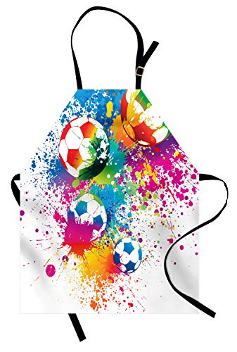 ABAKUHAUS Fútbol Delantal de Cocina, Salpicaduras de Color sobre Pelotas de Fútbol Copa Mundial Campeonato Arte Atleta, Altura Ajustable Lavable Sus Colores No Destiñen, Multicolor