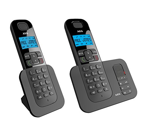 AEG Voxtel D505 Twin - Teléfono inalámbrico DECT con contestador automático: Pack de Dos, Negro