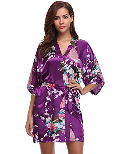 Aibrou Kimono Mujer Novia Bata Corto Sexy y Elegante con Pavo & Flores Pijamas Albornozes Camison Mujer Suave,Cómodo,Sedoso y Agradable