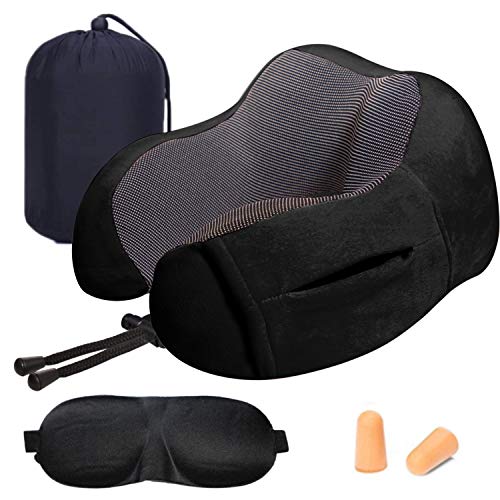 Almohada de Viaje Cervical Viscoelástica de Espuma de Memoria , Cojín de Viaje para Cuello Soporte Cervical con Máscara de Ojos, Tapones y Bolsa de Transporte para el Uso del Avión y el Hogar [Negro]