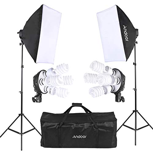 Andoer Softbox Kit lluminación Fotografia Estudio para Photo,Retrato,Studio,Video,Producto, con 2 Softbox,8 Bombilla de 45W de 5500K,2 Portalámparas 4-en-1,2 Light Stand 200cm y 1 Bolsa