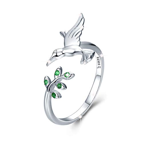 Anillo ajustable para mujer de plata de ley 925 con hojas de árbol de pájaro, anillos abiertos con circonita cúbica verde Anillo ajustable para mujer de plata de ley 925 con hojas de árbol de pájaro, anillos abiertos con circonita cúbica verde