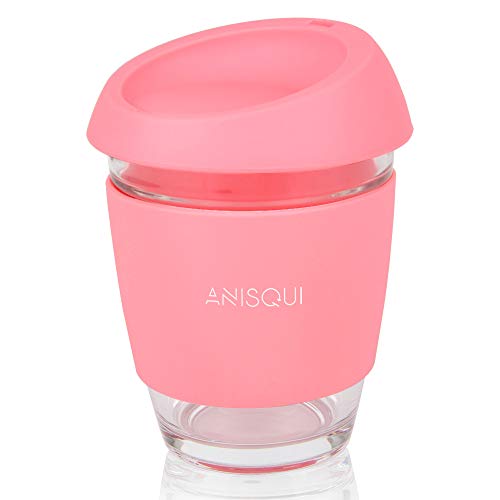 AniSqui Taza de café de Cristal Reutilizable (350ml, sin BPA, Tapa de Silicona ecológica)(Rosado)